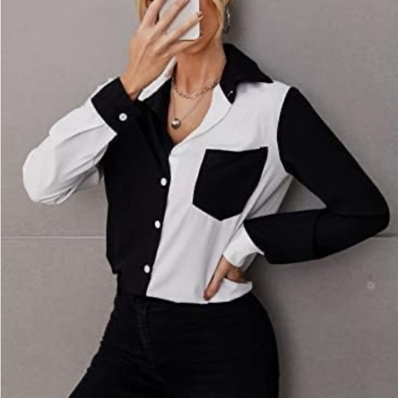 🌟Chic black and white color blocked button-down men’s wear inspired shirt! 🌟 - Picture 3 of 5